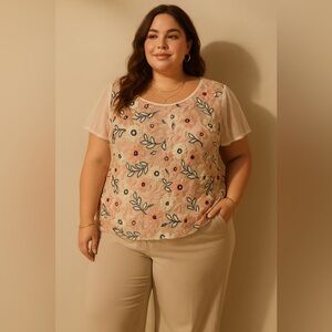 Vince Camuto Mesh Floral Shirt Blouse Plus Women's Sz 2X Whimsical Spring Easter